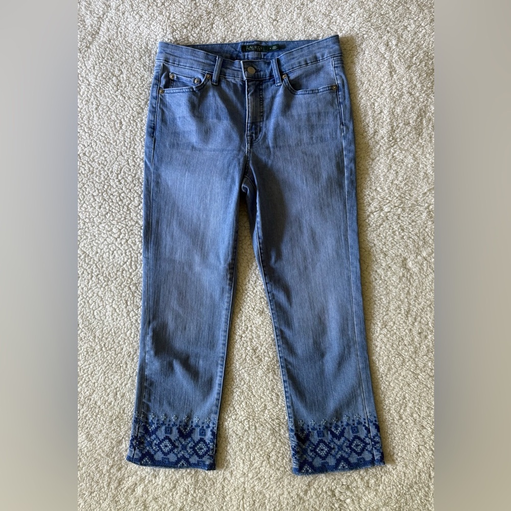 Ralph Lauren Crop Jeans Light Blue Cross Stitched Hems Women's Size 4, 30/24